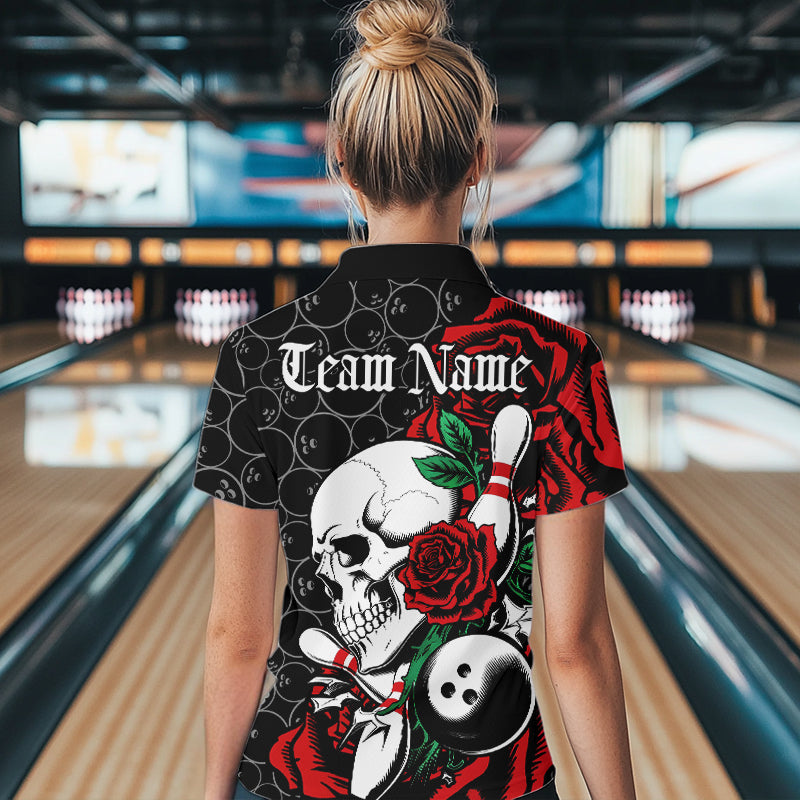 Custom Red Roses And Skull Bowling Quarter-Zip Shirts For Women, Team Bowling League Shirt IPHW8842