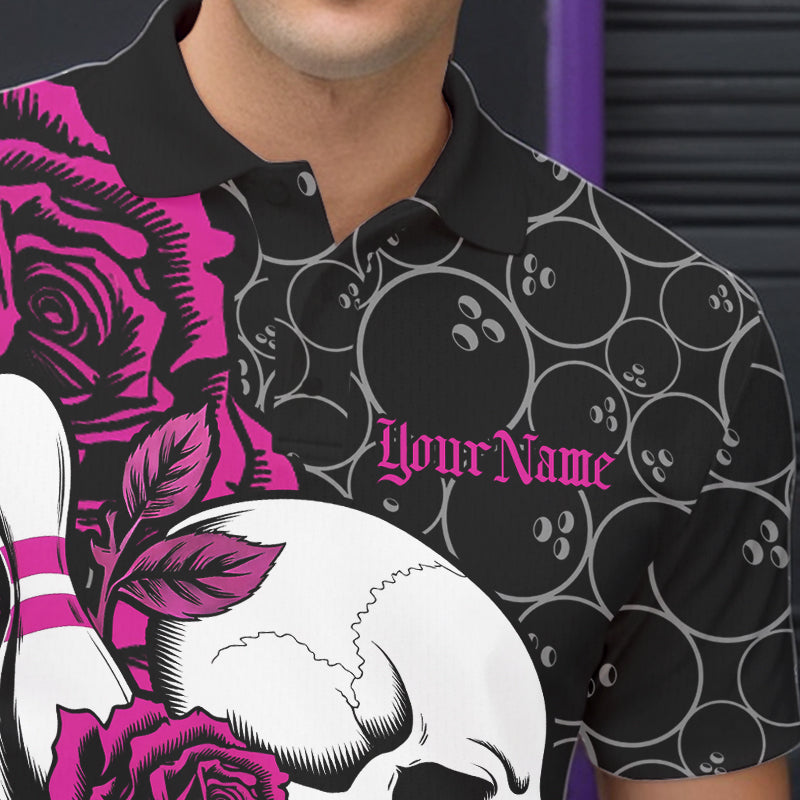 Custom Pink Roses And Skull Bowling Polo Shirts For Men, Team Bowling League Shirt IPHW8843
