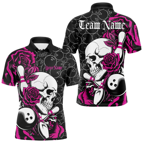 Custom Pink Roses And Skull Bowling Polo Shirts For Men, Team Bowling League Shirt IPHW8843