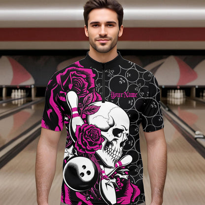 Custom Pink Roses And Skull Bowling Quarter-Zip Shirts For Men, Team Bowling League Shirt IPHW8843