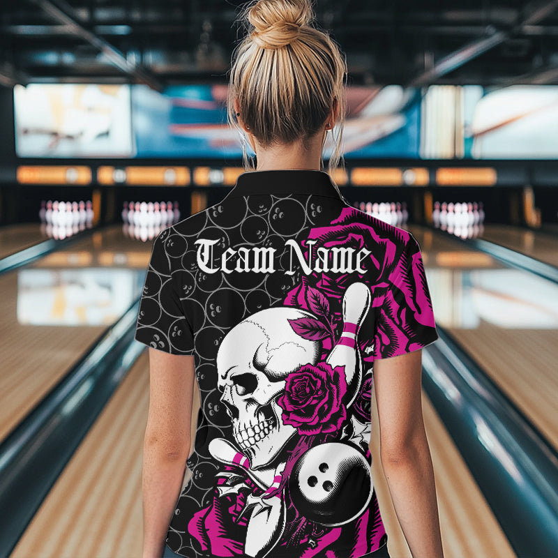 Custom Pink Roses And Skull Bowling Quarter-Zip Shirts For Women, Team Bowling League Shirt IPHW8843