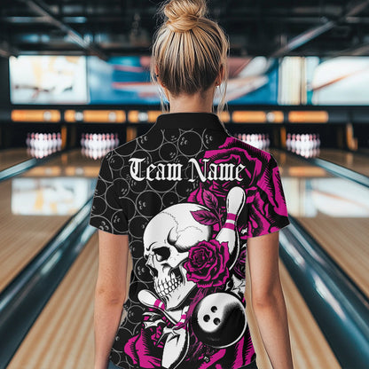 Custom Pink Roses And Skull Bowling Quarter-Zip Shirts For Women, Team Bowling League Shirt IPHW8843