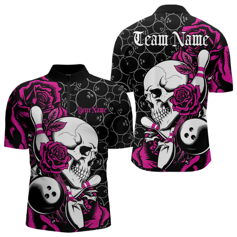 Custom Pink Roses And Skull Bowling Quarter-Zip Shirts For Men, Team Bowling League Shirt IPHW8843