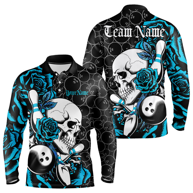 Custom Blue Roses And Skull Bowling Long Sleeve Polo Shirts For Men, Team Bowling League Shirt IPHW8844