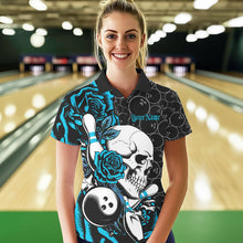 Load image into Gallery viewer, Custom Blue Roses And Skull Bowling Polo Shirts For Women, Team Bowling League Shirt IPHW8844