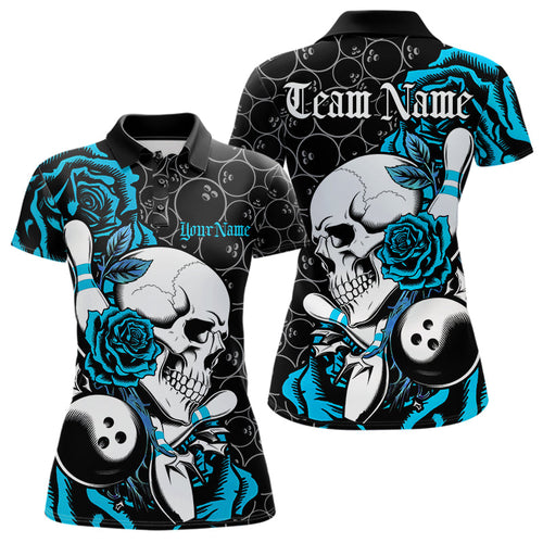 Custom Blue Roses And Skull Bowling Polo Shirts For Women, Team Bowling League Shirt IPHW8844