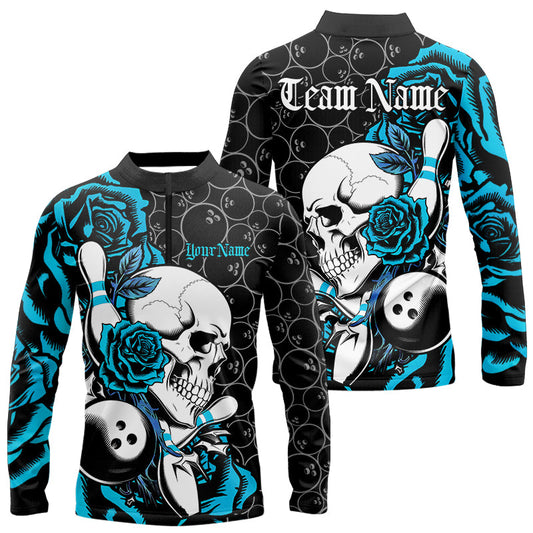 Custom Blue Roses And Skull Bowling Long Sleeve Quarter-Zip Shirts For Men, Team Shirt IPHW8844