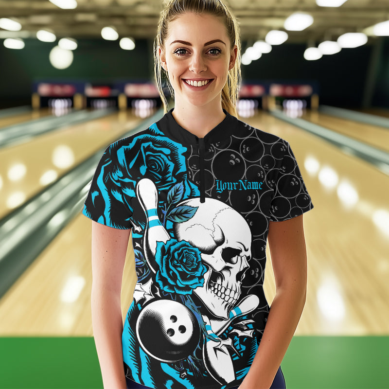 Custom Blue Roses And Skull Bowling Quarter-Zip Shirts For Women, Team Bowling League Shirt IPHW8844
