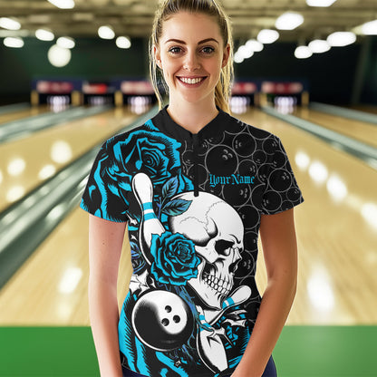 Custom Blue Roses And Skull Bowling Quarter-Zip Shirts For Women, Team Bowling League Shirt IPHW8844