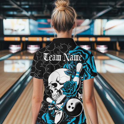 Custom Blue Roses And Skull Bowling Quarter-Zip Shirts For Women, Team Bowling League Shirt IPHW8844
