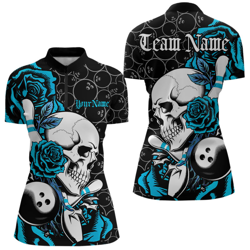Custom Blue Roses And Skull Bowling Quarter-Zip Shirts For Women, Team Bowling League Shirt IPHW8844