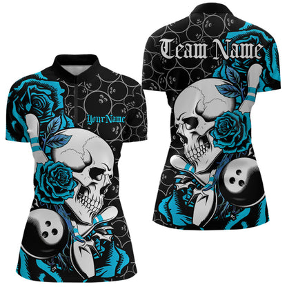 Custom Blue Roses And Skull Bowling Quarter-Zip Shirts For Women, Team Bowling League Shirt IPHW8844