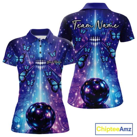 Custom Blue And Purple Galaxy Bowling Lane Butterfly Bowling Team Women Polo Shirt IPHW10913