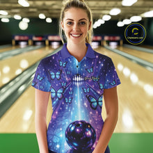 Load image into Gallery viewer, Custom Blue And Purple Galaxy Bowling Lane Butterfly Bowling Team Women Polo Shirt IPHW10913