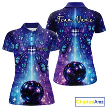 Load image into Gallery viewer, Custom Blue And Purple Galaxy Bowling Lane Butterfly Bowling Team Women Polo Shirt IPHW10913