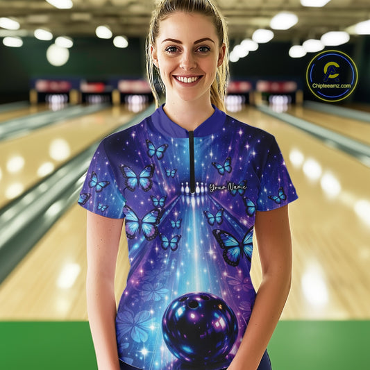 Custom Blue And Purple Galaxy Bowling Lane Butterfly Bowling Women Quarter-Zip Shirt IPHW10913
