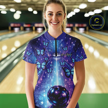 Load image into Gallery viewer, Custom Blue And Purple Galaxy Bowling Lane Butterfly Bowling Women Quarter-Zip Shirt IPHW10913