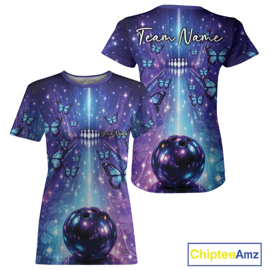 Custom Blue And Purple Galaxy Bowling Lane Butterfly Bowling Team Women T-Shirts IPHW10913