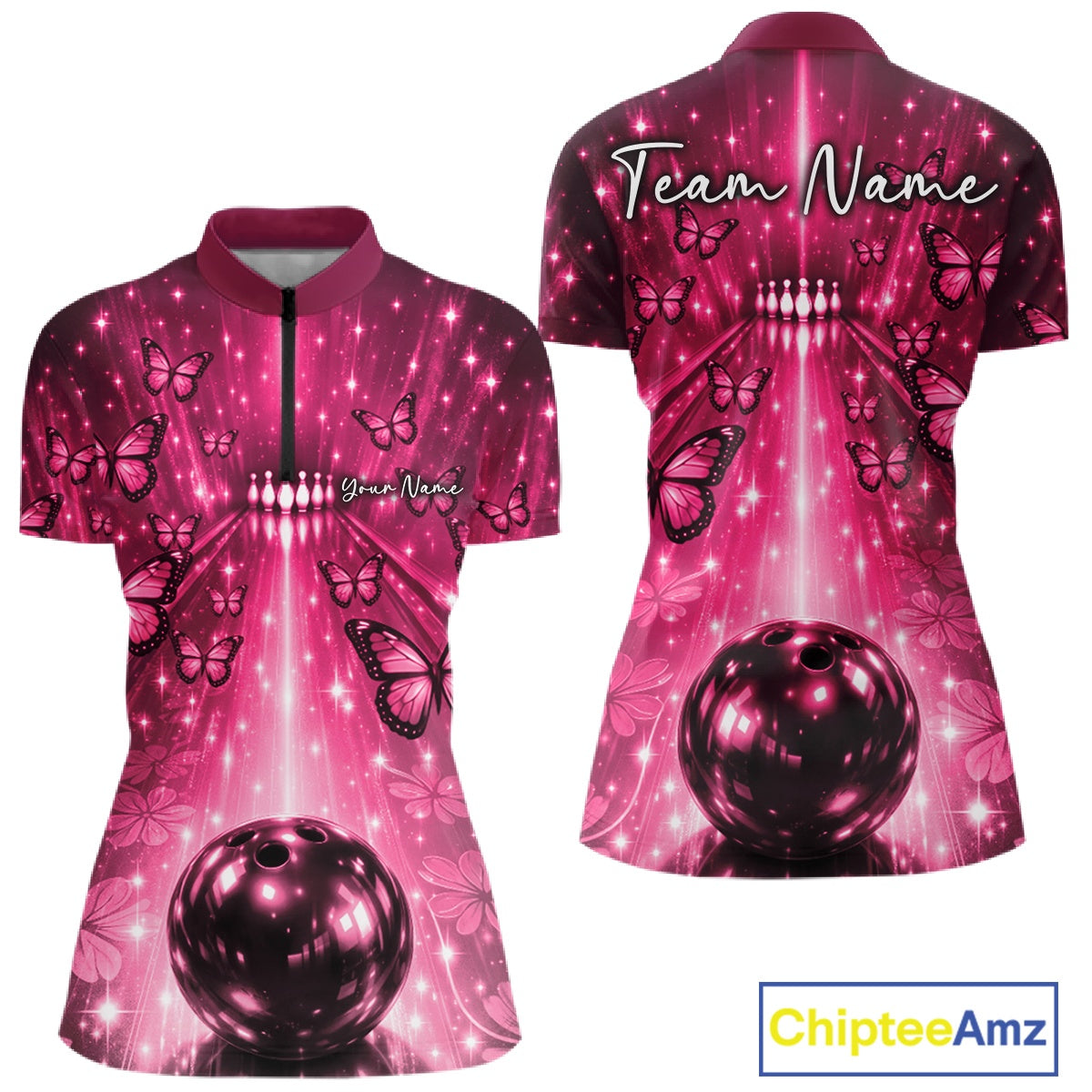 Custom Pink Galaxy Bowling Lane Butterfly Bowling Team Women Quarter-Zip Shirt IPHW10915