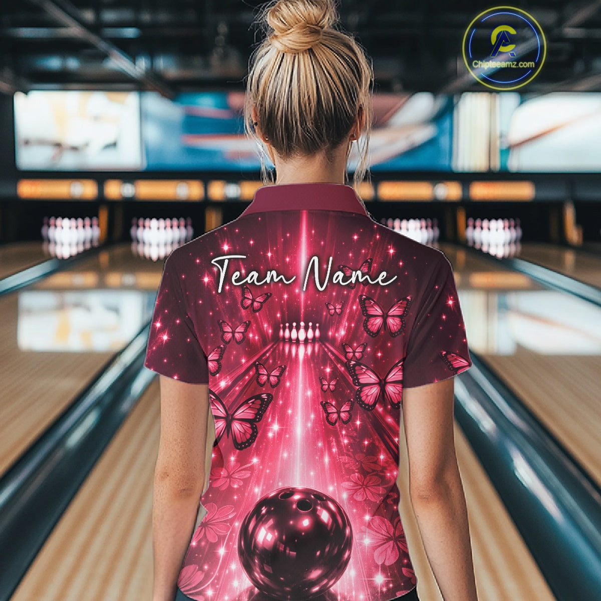 Custom Red Galaxy Bowling Lane Butterfly Bowling Team Women Polo Shirt IPHW10916
