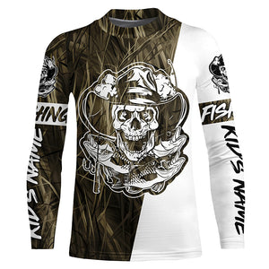 Grass Camo Skull Fisherman Custom Long Sleeve Fishing Shirts, Skeleton Fishing Jerseys IPHW6350