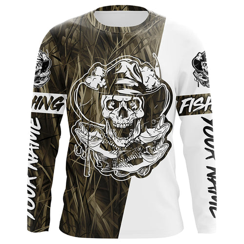 Grass Camo Skull Fisherman Custom Long Sleeve Fishing Shirts, Skeleton Fishing Jerseys IPHW6350