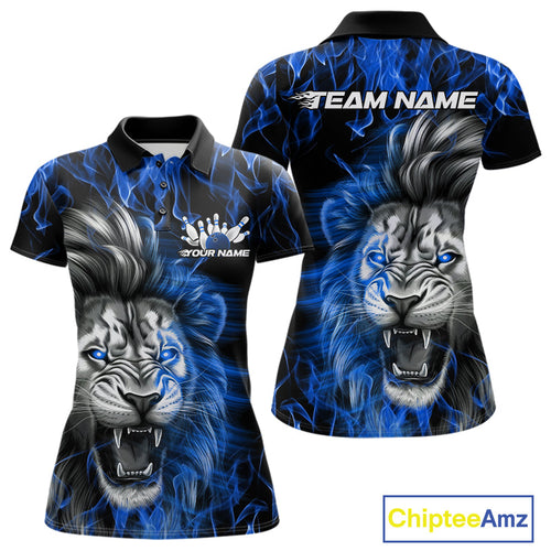 Custom Blue Flame Lion Bowling Polo Team Shirts For Women, Lion Bowling League Shirt IPHW9327