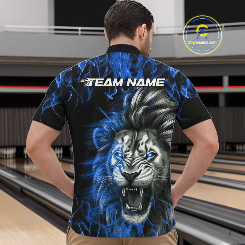 Custom Blue Flame Lion Bowling Quarter-Zip Team Shirts For Men, Lion Bowling League Shirt IPHW9327