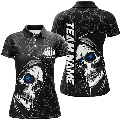 Custom Halloween Skull Bowling Shirts For Women, Personalized Bowling League Shirts | Blue IPHW7081