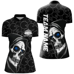 Custom Halloween Skull Bowling Shirts For Women, Personalized Bowling League Shirts | Blue IPHW7081