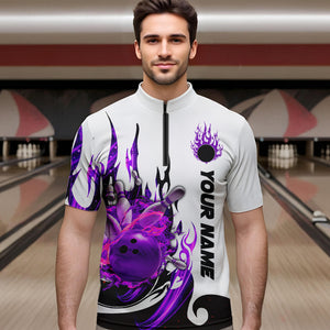 Custom Purple Flame Bowling Shirts For Men, Galaxy Bowling Team Shirts Bowling Uniform IPHW7084