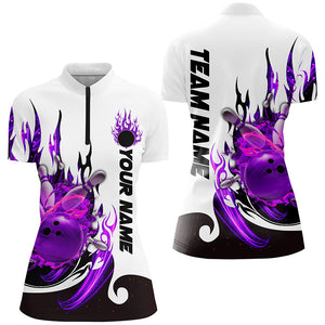 Custom Purple Flame Bowling Shirts For Women, Galaxy Bowling Team Shirts Bowling Uniform IPHW7084