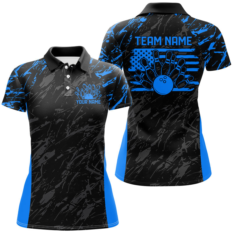 Black And Blue Camo Custom Patriotic Ladies Bowling Shirts, American Flag US Bowling Shirt IPHW7914