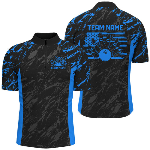 Black And Blue Camo Custom Patriotic Bowling Shirts For Men, American Flag US Bowling League Shirt IPHW7914