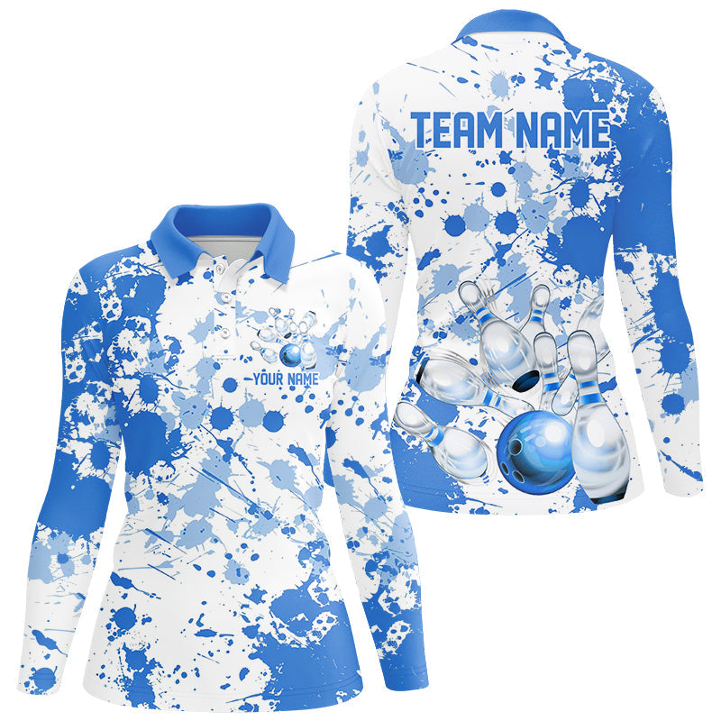 Custom White And Blue Splatter Bowling Women Long Sleeve Polo Shirts, Bowling Team Shirts IPHW7918
