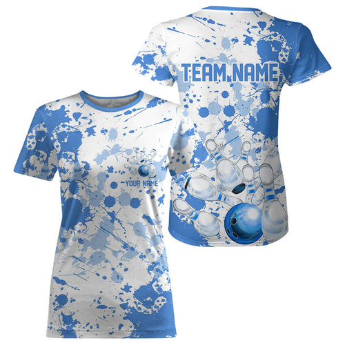 Custom White And Blue Splatter Bowling T-Shirts For Women, Bowling Team With Name IPHW7918