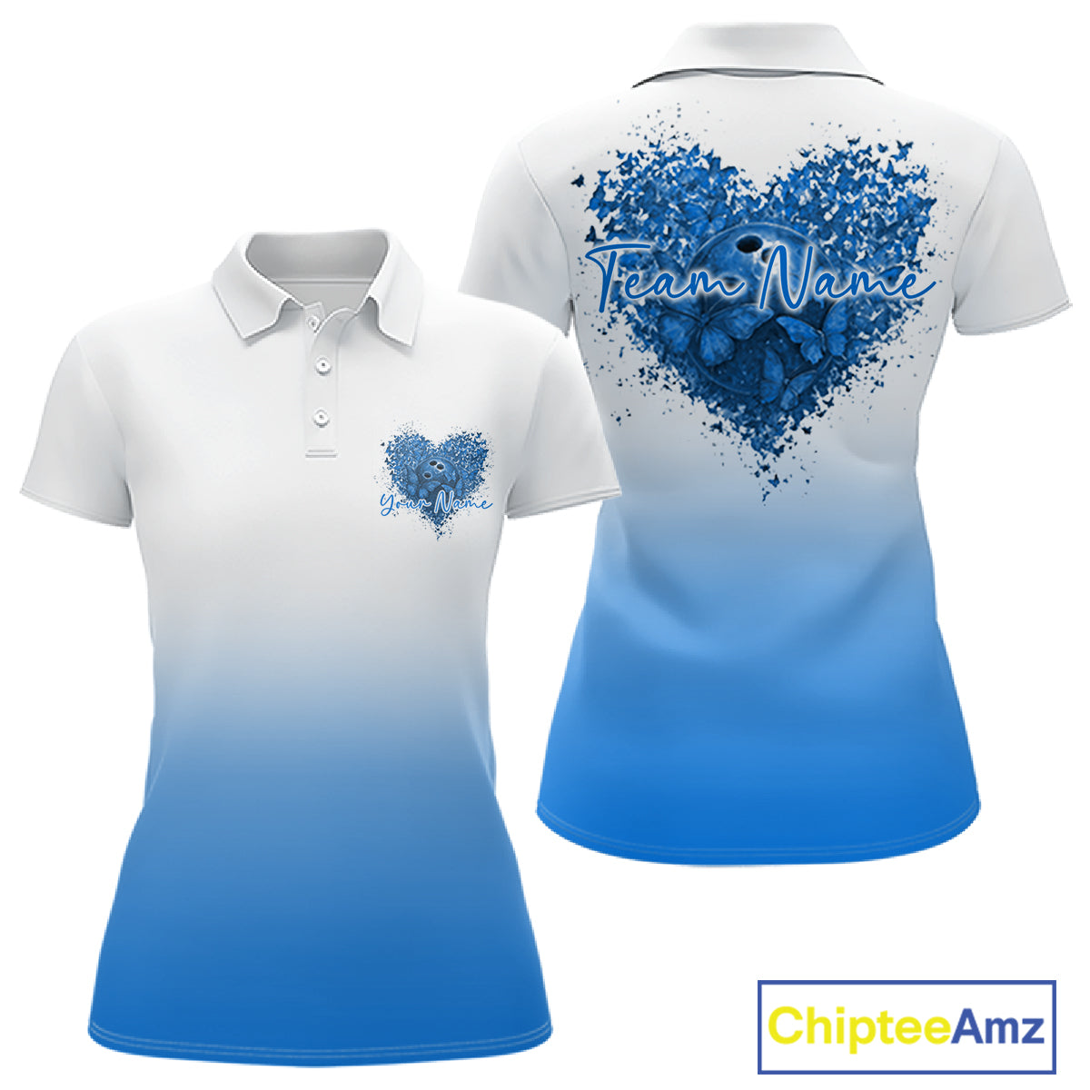 Custom Blue Butterflies Heart Bowling Team Women Polo Shirts, Ladies Bowling League Shirt IPHW10236