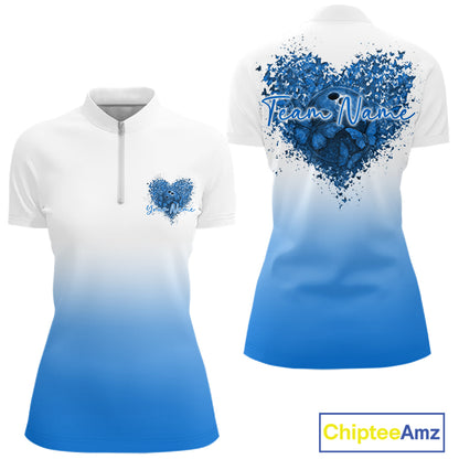 Custom Blue Butterflies Heart Bowling Women Quarter-Zip Shirts, Bowling League Shirt IPHW10236