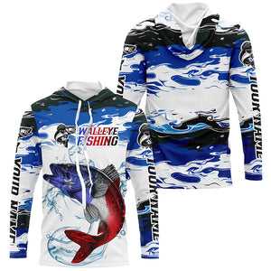 Custom Patriotic Walleye Fishing Camo Jerseys, American Flag Walleye Long Sleeve Fishing Shirts IPHW6050