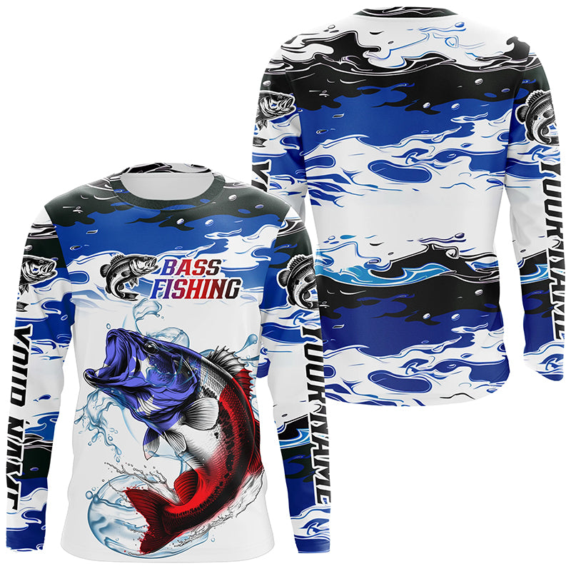 Custom Patriotic Bass Fishing Camo Jerseys, American Flag Bass Long Sleeve Fishing Shirts IPHW6051