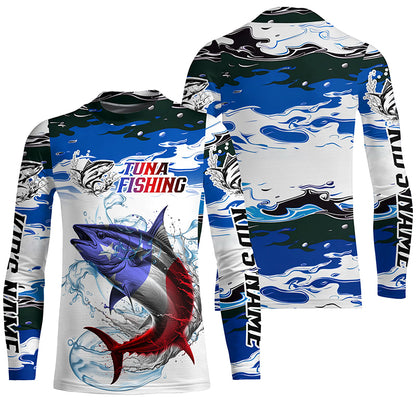 Custom Patriotic Tuna Fishing Camo Jerseys, American Flag Tuna Long Sleeve Saltwater Fishing Shirts IPHW6052