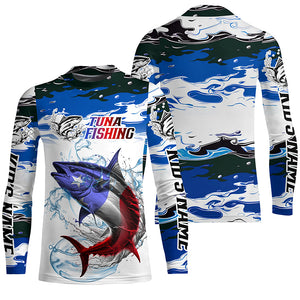 Custom Patriotic Tuna Fishing Camo Jerseys, American Flag Tuna Long Sleeve Saltwater Fishing Shirts IPHW6052