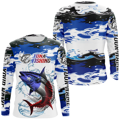 Custom Patriotic Tuna Fishing Camo Jerseys, American Flag Tuna Long Sleeve Saltwater Fishing Shirts IPHW6052