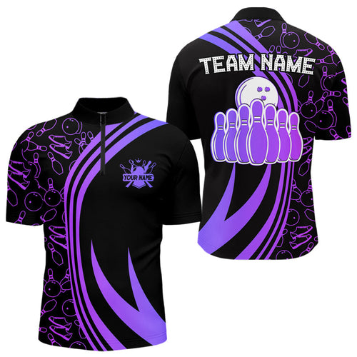 Black Mens bowling shirts Custom Purple neon team league bowling jerseys, gifts for bowlers NQS9667