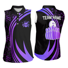 Load image into Gallery viewer, Black Women Sleeveless Polo Shirt Custom Purple neon team league bowling jerseys, gifts for bowlers NQS9667
