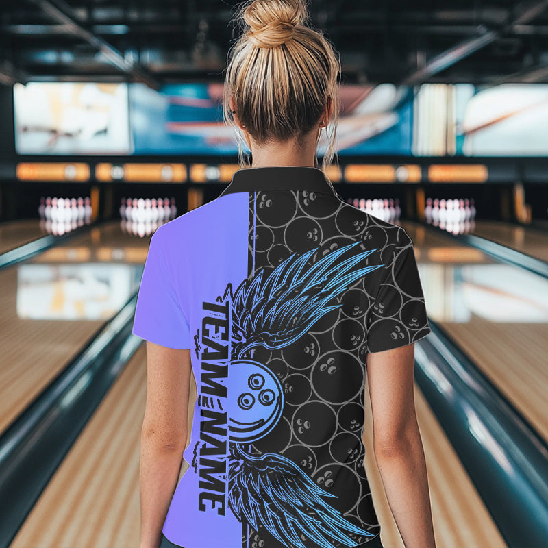 Blue And Purple Custom Bowling Tournament Women Polo Shirts, Bowling Ball And Wings Jerseys IPHW8845