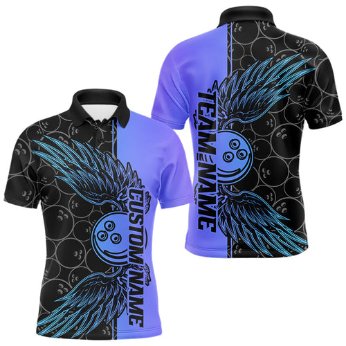Blue And Purple Custom Bowling Tournament Men Polo Shirts, Bowling Ball And Wings Jerseys IPHW8845