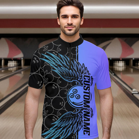Blue And Purple Custom Bowling Tournament Men Quarter-Zip Shirts, Bowling Ball And Wings Jerseys IPHW8845