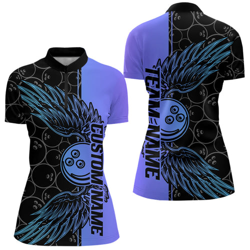 Blue And Purple Custom Bowling Tournament Women Quarter-Zip Shirts, Bowling Ball And Wings IPHW8845