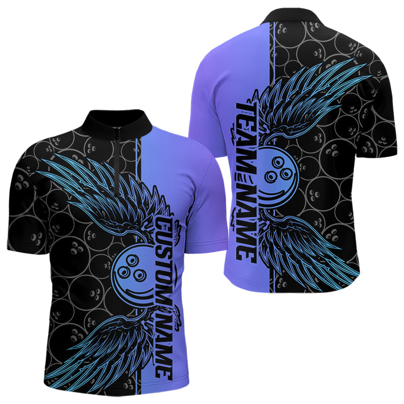 Blue And Purple Custom Bowling Tournament Men Quarter-Zip Shirts, Bowling Ball And Wings Jerseys IPHW8845